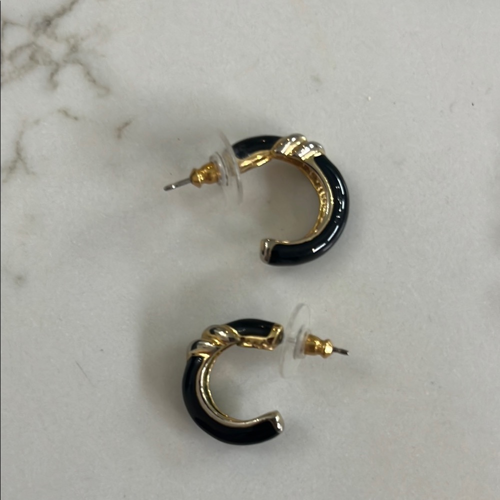 Elegant Black and Gold Enamel Hoop Earrings